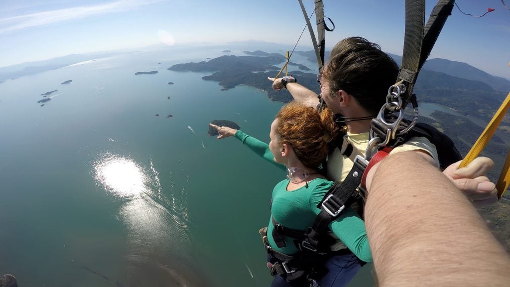 Two sky divers taking a selfie in midair for social media, risking personal injury case.
