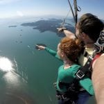 Two sky divers taking a selfie in midair